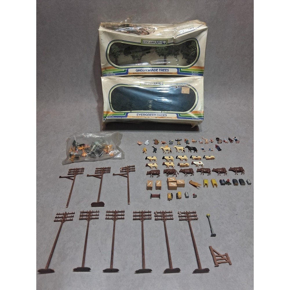 Vintage Lot of Ho Scale Painted Train Plastic Miniature Figures Signs n Trees